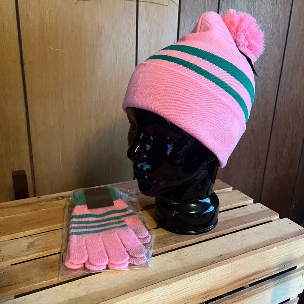 AKA Knit Cap w/ Pink Pom Pom & Matching Gloves - Picture 10 of 12
